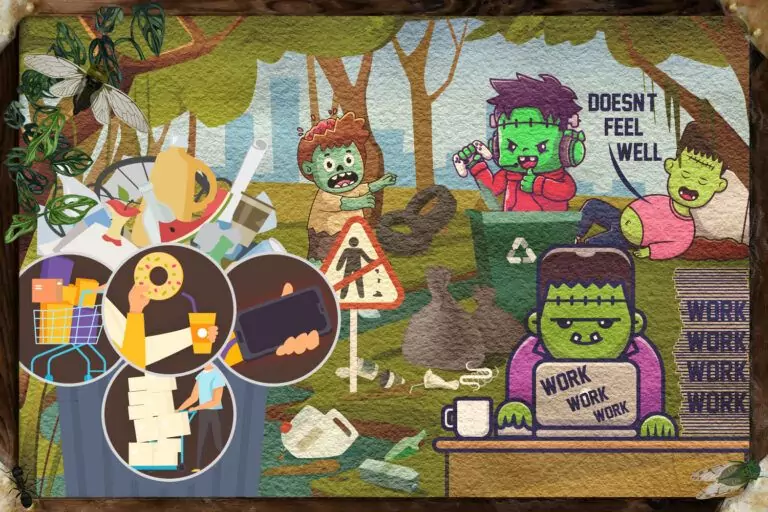 humans only work and work and buy to much stuff, made only trash over trash.
