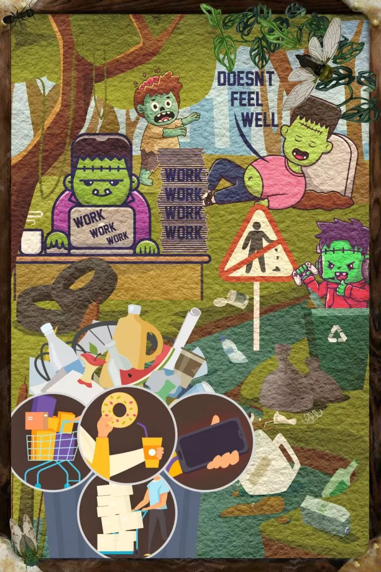 humans only work and work and buy to much stuff, made only trash over trash.